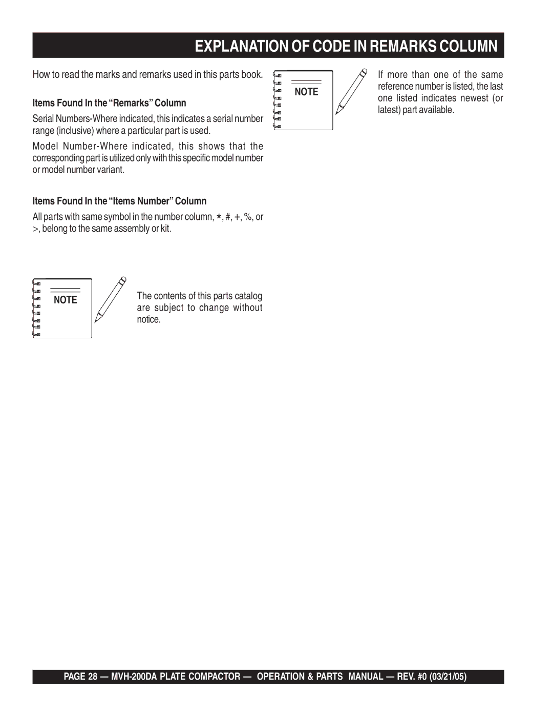 Multiquip MVH-200DA manual Explanation of Code in Remarks Column, How to read the marks and remarks used in this parts book 