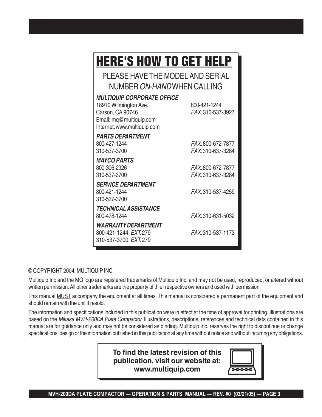 Multiquip MVH-200DA manual Heres HOW to GET Help 