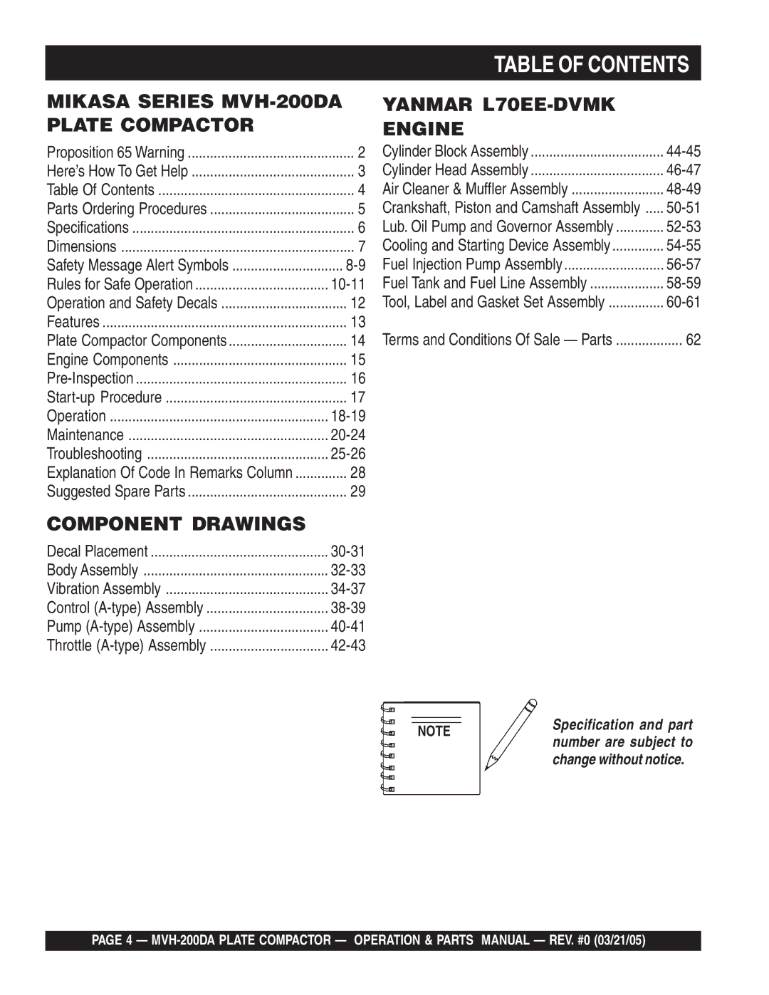 Multiquip MVH-200DA manual Table of Contents 