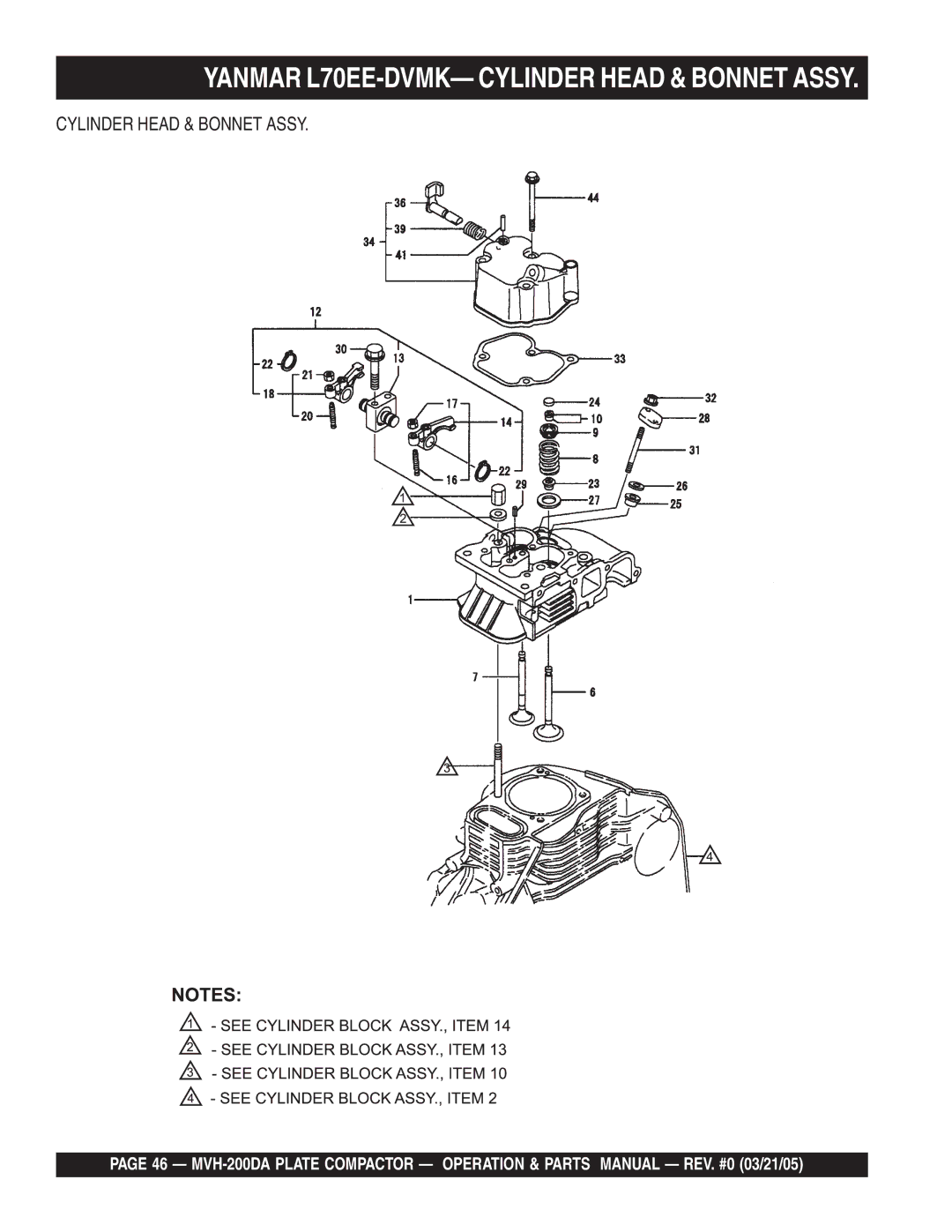 Multiquip MVH-200DA manual Yanmar L70EE-DVMK- Cylinder Head & Bonnet Assy 