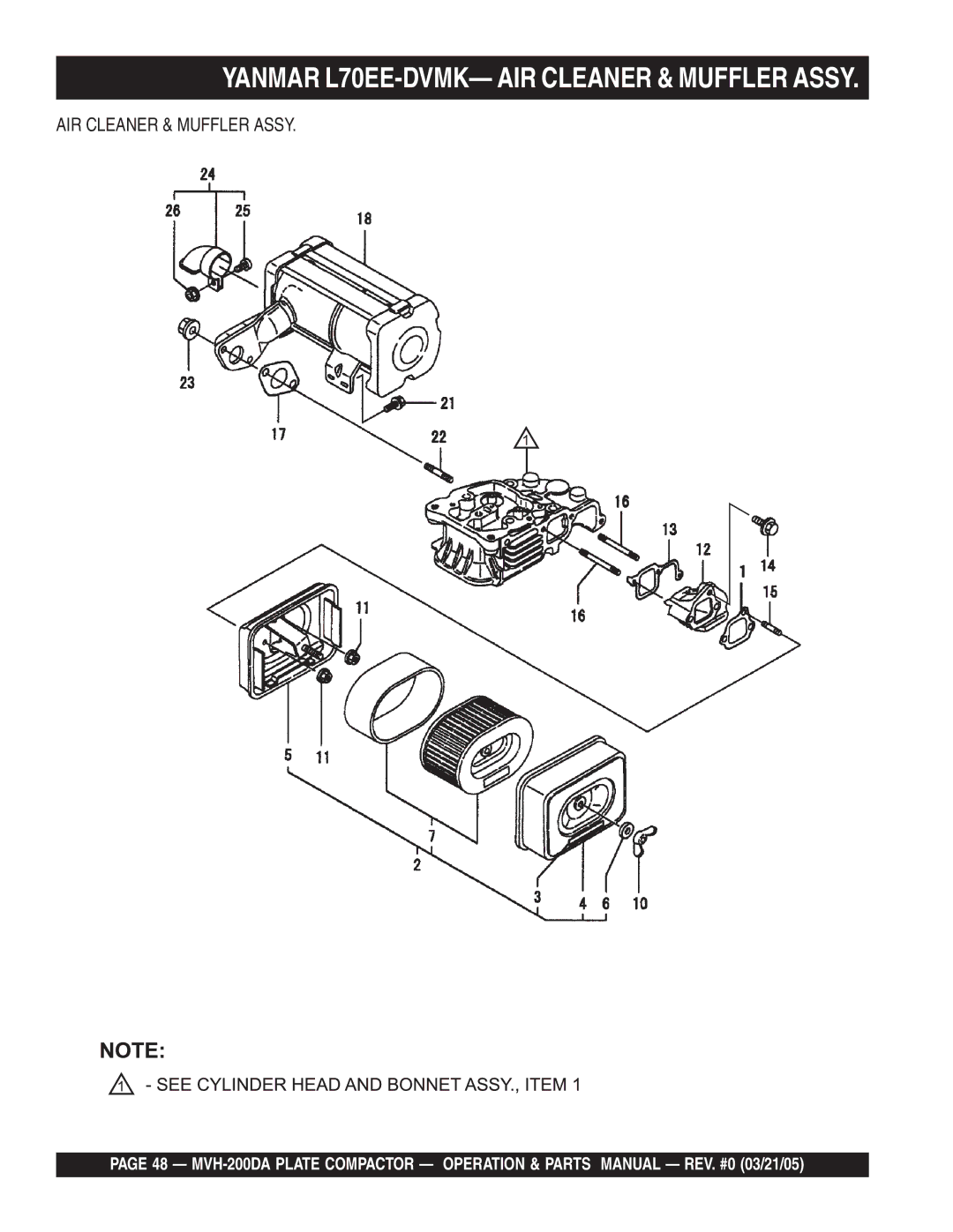 Multiquip MVH-200DA manual Yanmar L70EE-DVMK- AIR Cleaner & Muffler Assy 