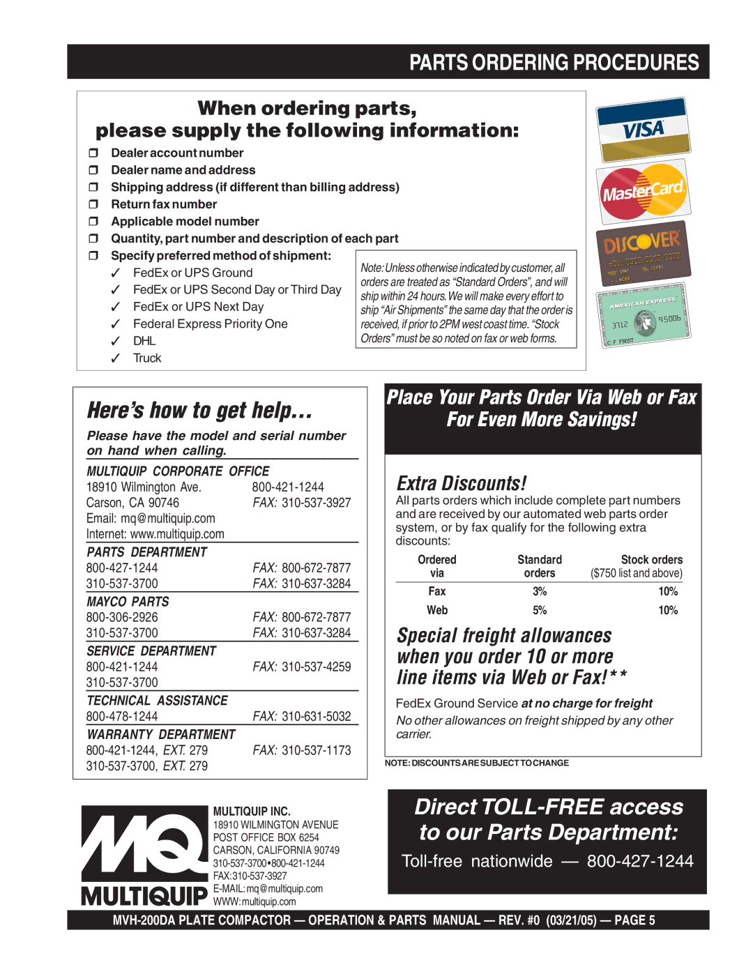 Multiquip MVH-200DA manual Parts Ordering Procedures, Wilmington Ave Carson, CA 