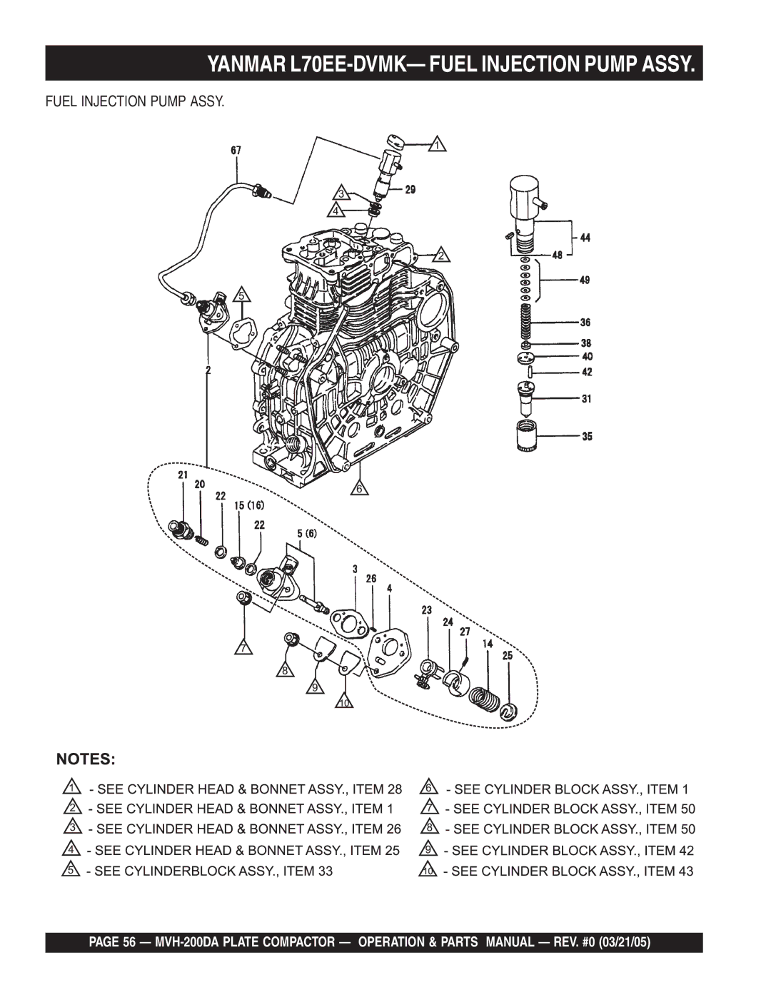 Multiquip MVH-200DA manual Yanmar L70EE-DVMK- Fuel Injection Pump Assy 