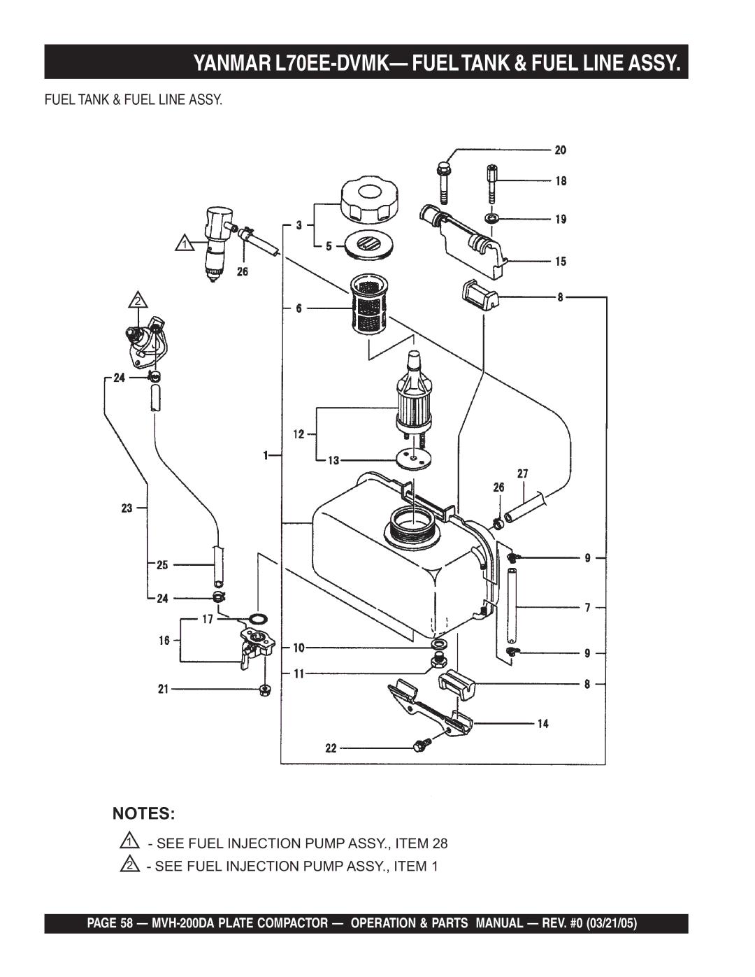 Multiquip MVH-200DA manual Yanmar L70EE-DVMK- Fueltank & Fuel Line Assy, Fuel Tank & Fuel Line Assy 