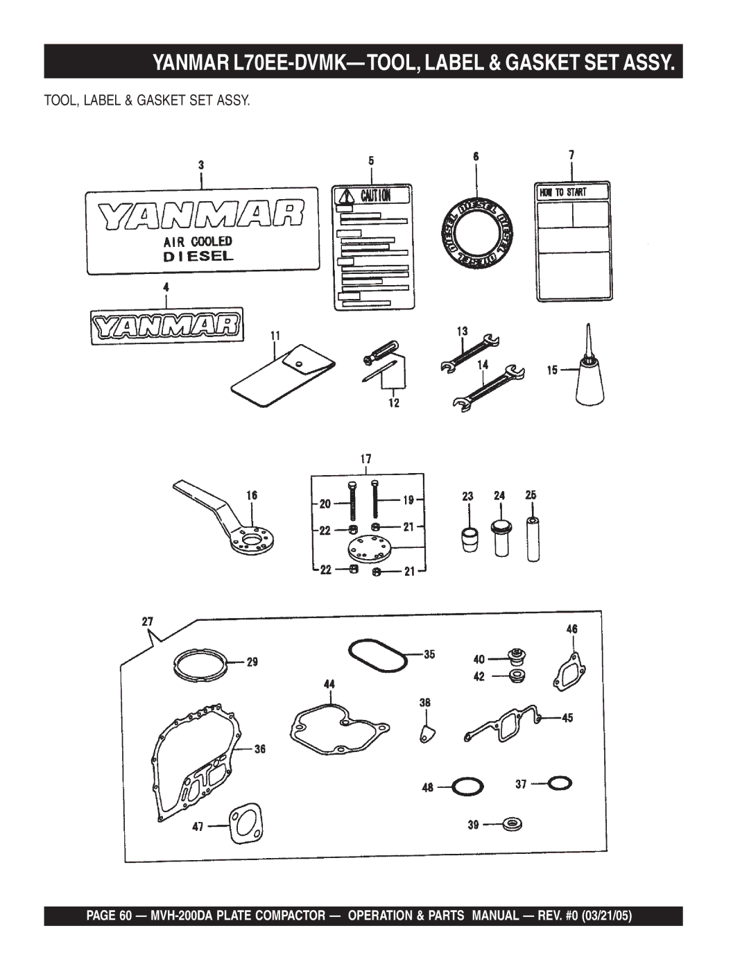 Multiquip MVH-200DA manual Yanmar L70EE-DVMK-TOOL, Label & Gasket SET Assy 