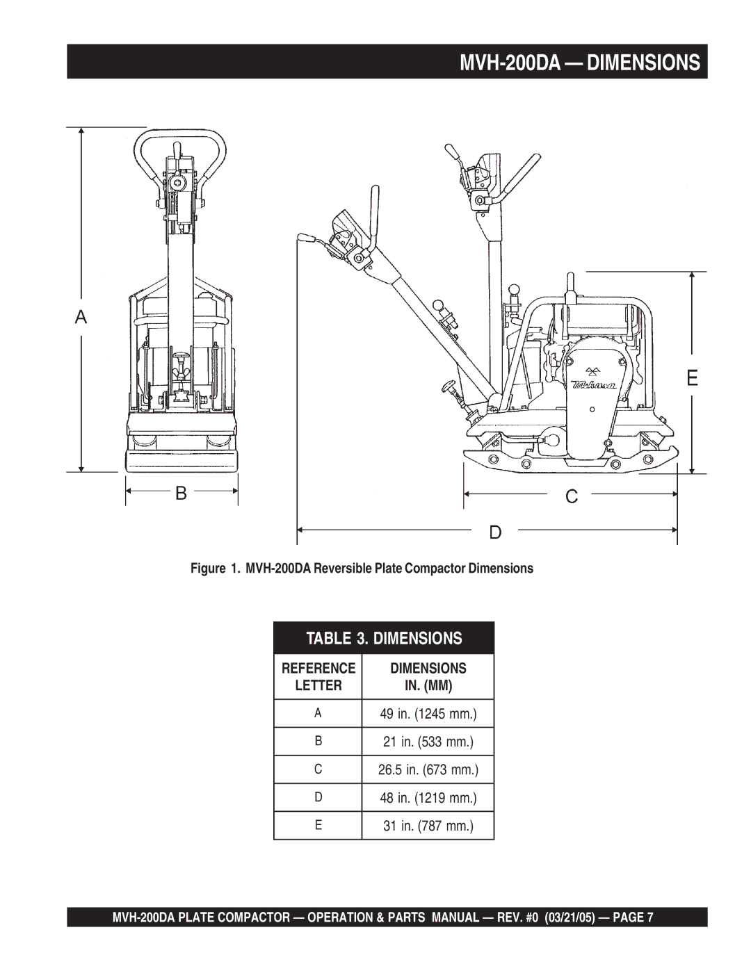 Multiquip manual MVH-200DA Dimensions 