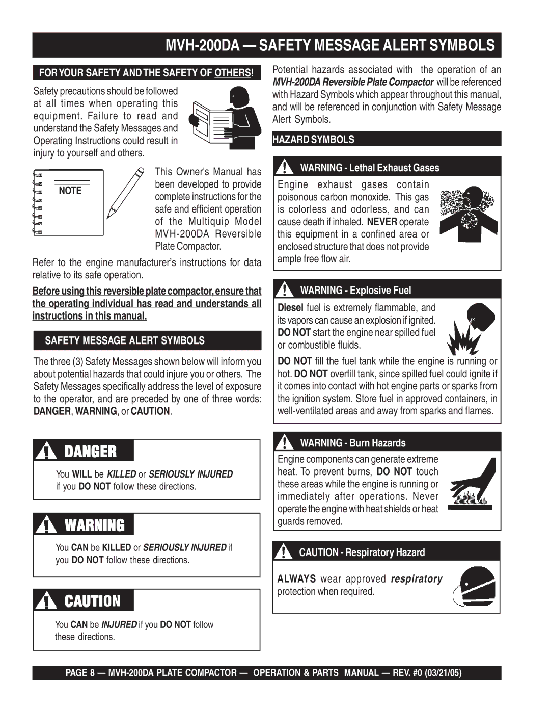 Multiquip MVH-200DA manual You can be Injured if you do not follow these directions 