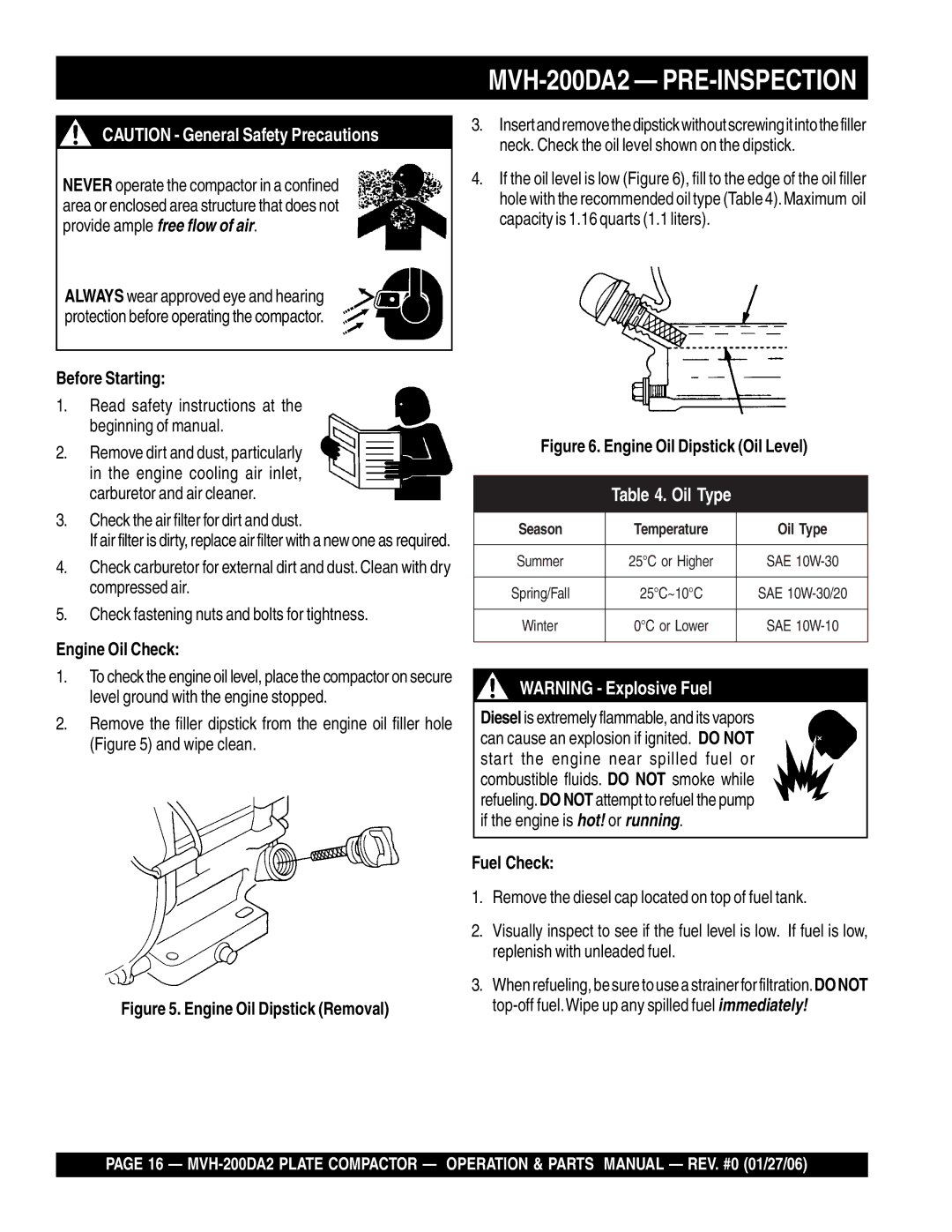 Multiquip manual MVH-200DA2 PRE-INSPECTION, Before Starting, Engine Oil Check, Fuel Check 