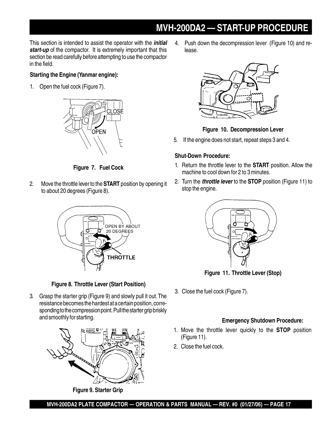 Multiquip manual MVH-200DA2 START-UP Procedure, Starting the Engine Yanmar engine, Shut-Down Procedure 