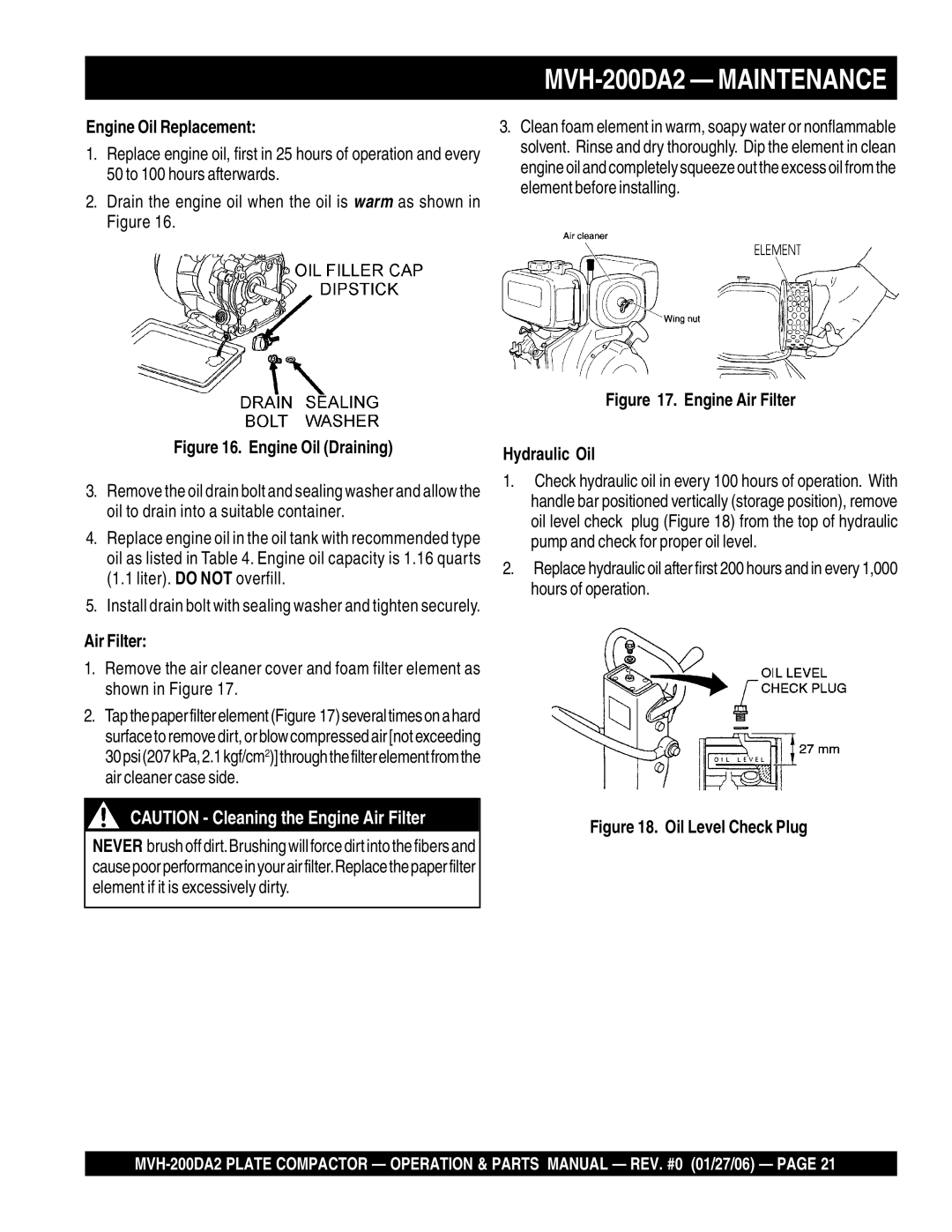 Multiquip manual MVH-200DA2 Maintenance, Engine Oil Replacement, Air Filter 