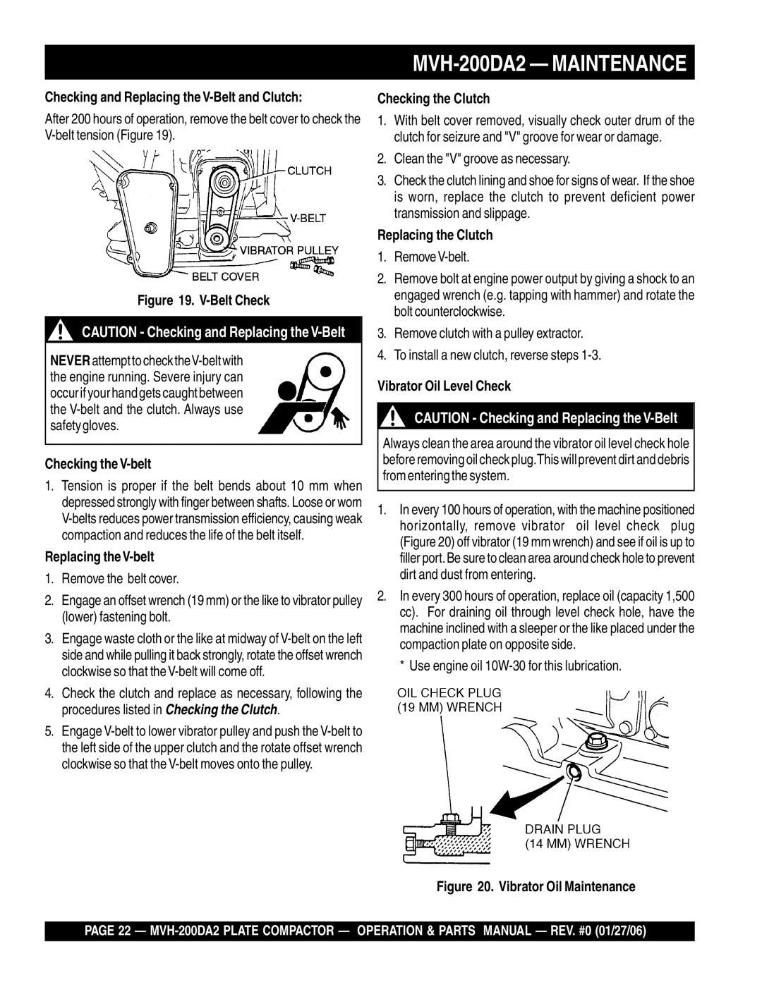 Multiquip MVH-200DA2 manual Checking and Replacing the V-Belt and Clutch, Checking the V-belt, Replacing theV-belt 