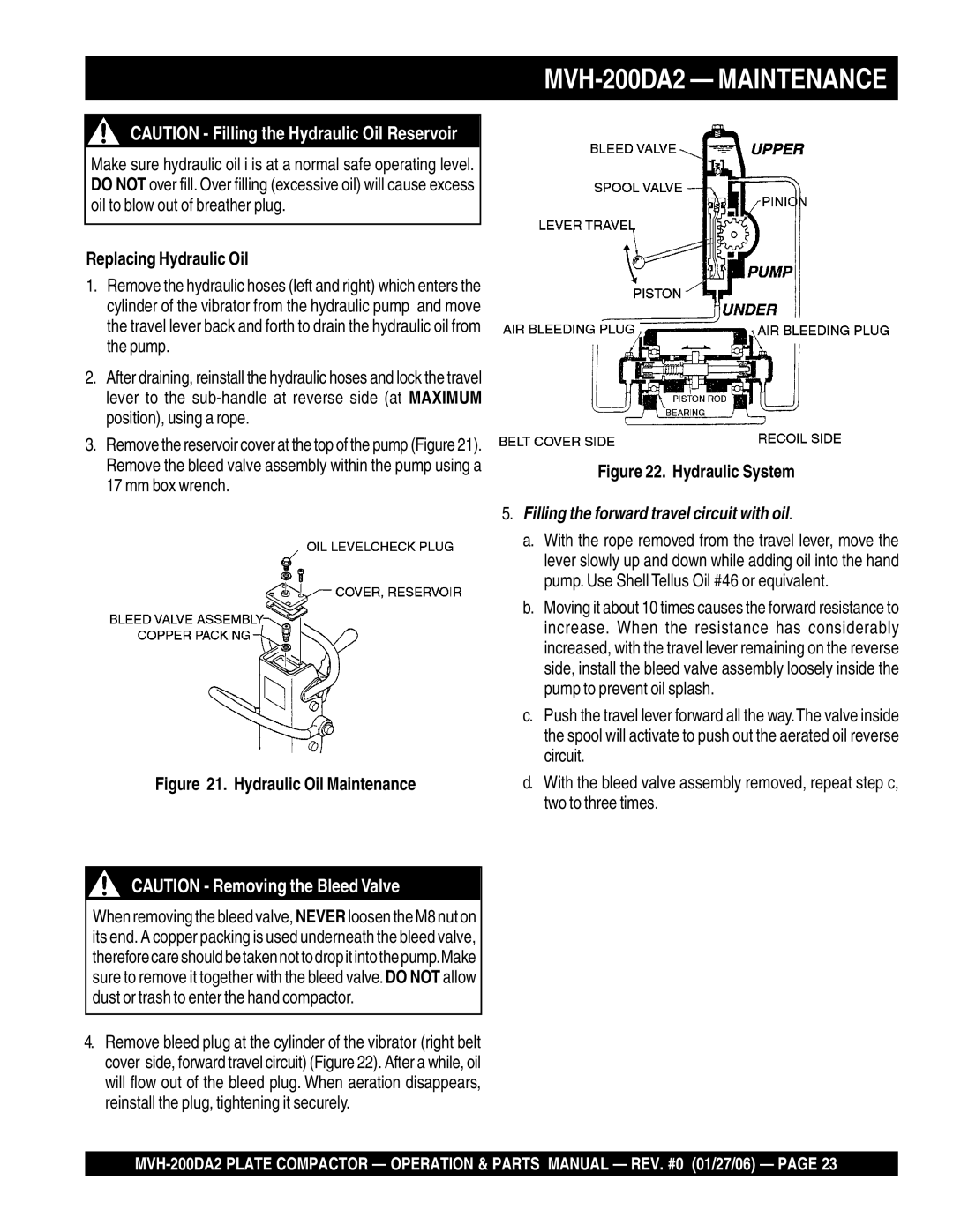 Multiquip MVH-200DA2 manual Replacing Hydraulic Oil, Hydraulic Oil Maintenance 