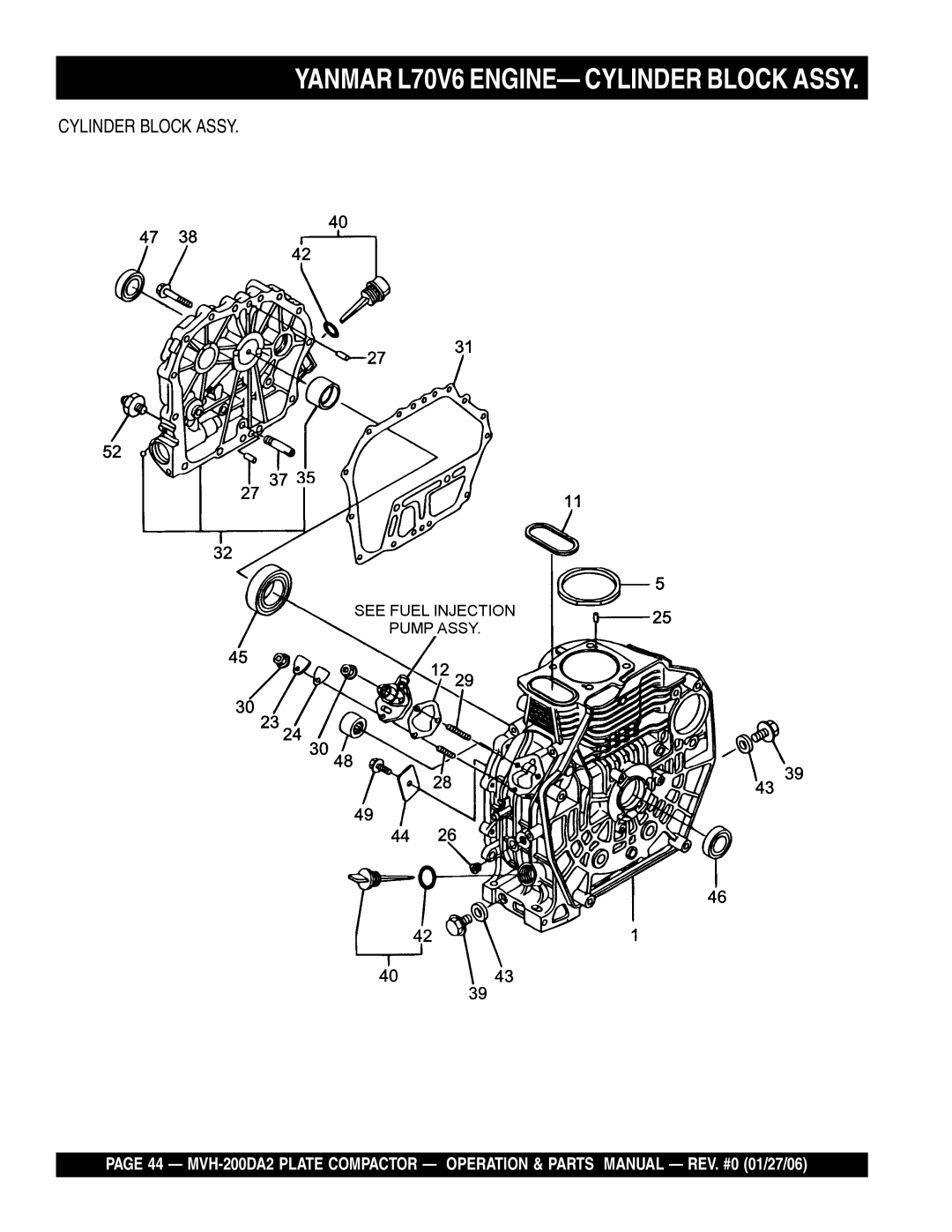 Multiquip MVH-200DA2 manual Yanmar L70V6 ENGINE- Cylinder Block Assy 