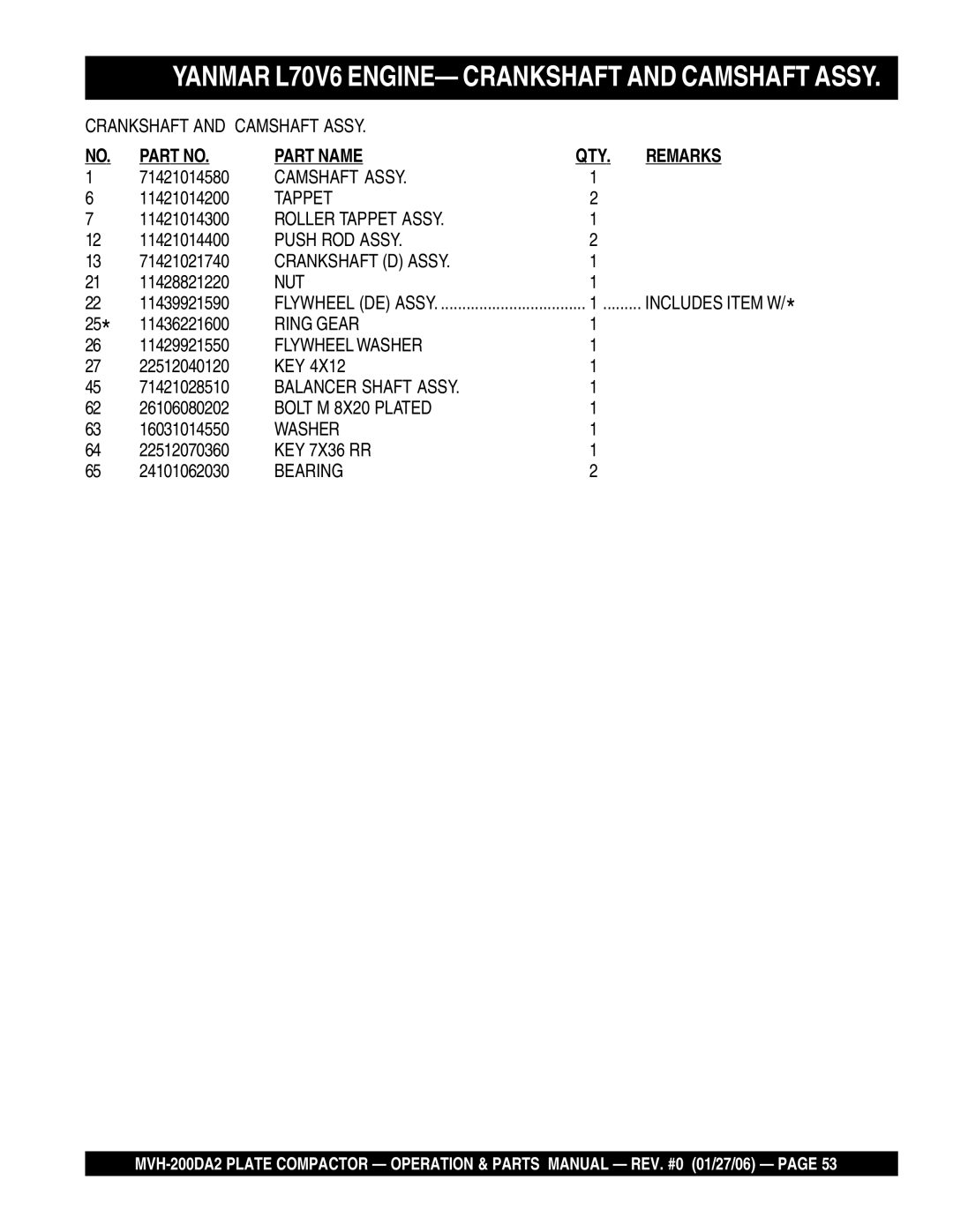 Multiquip MVH-200DA2 manual Yanmar L70V6 ENGINE- Crankshaft and Camshaft Assy 