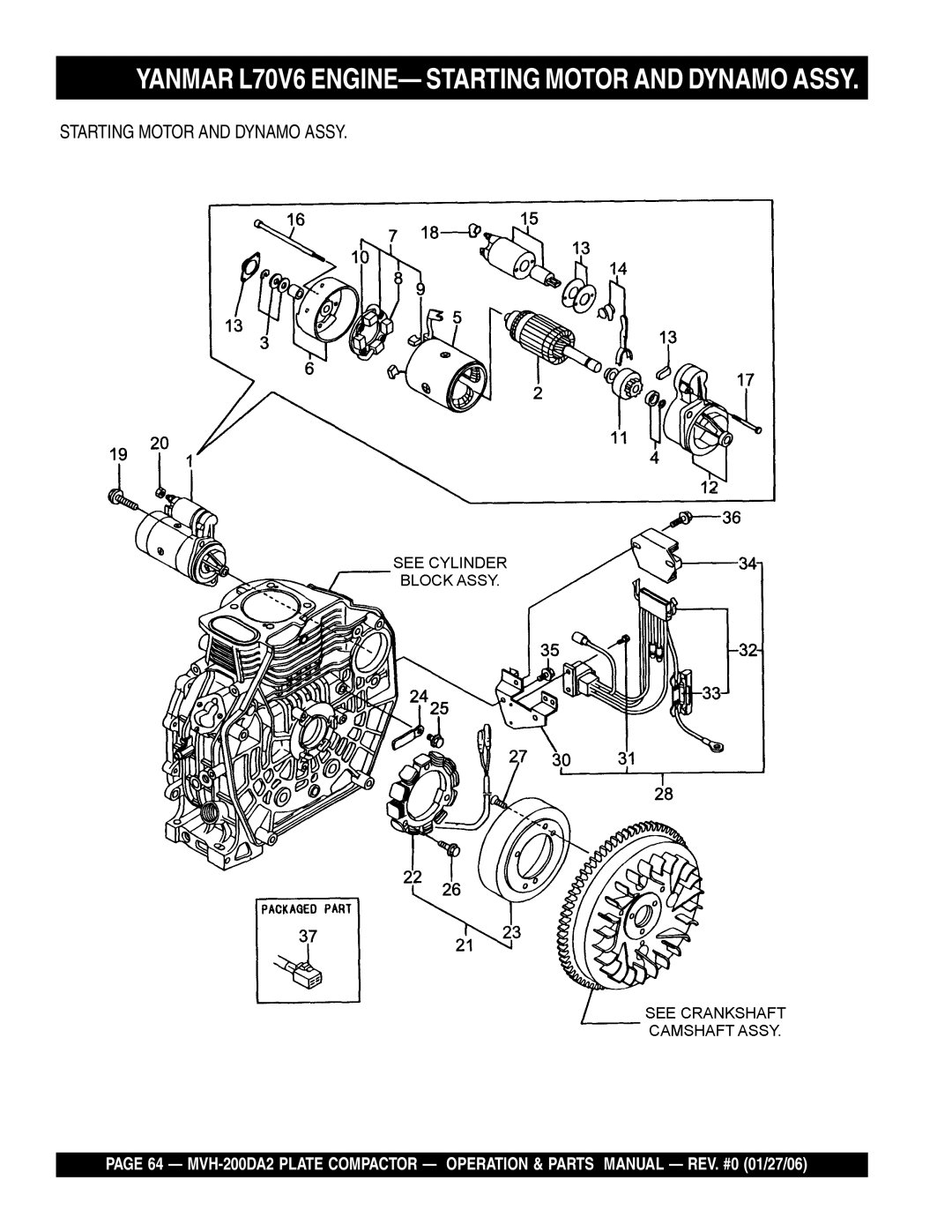 Multiquip MVH-200DA2 manual Yanmar L70V6 ENGINE- Starting Motor and Dynamo Assy 