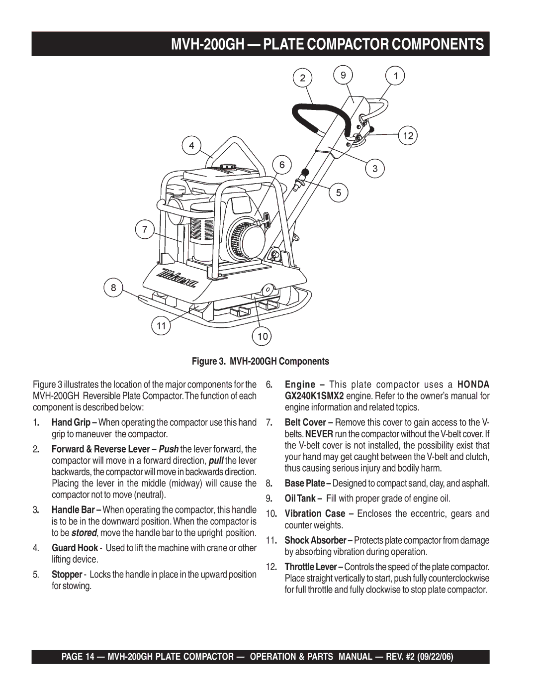 Multiquip manual MVH-200GH Plate Compactor Components 