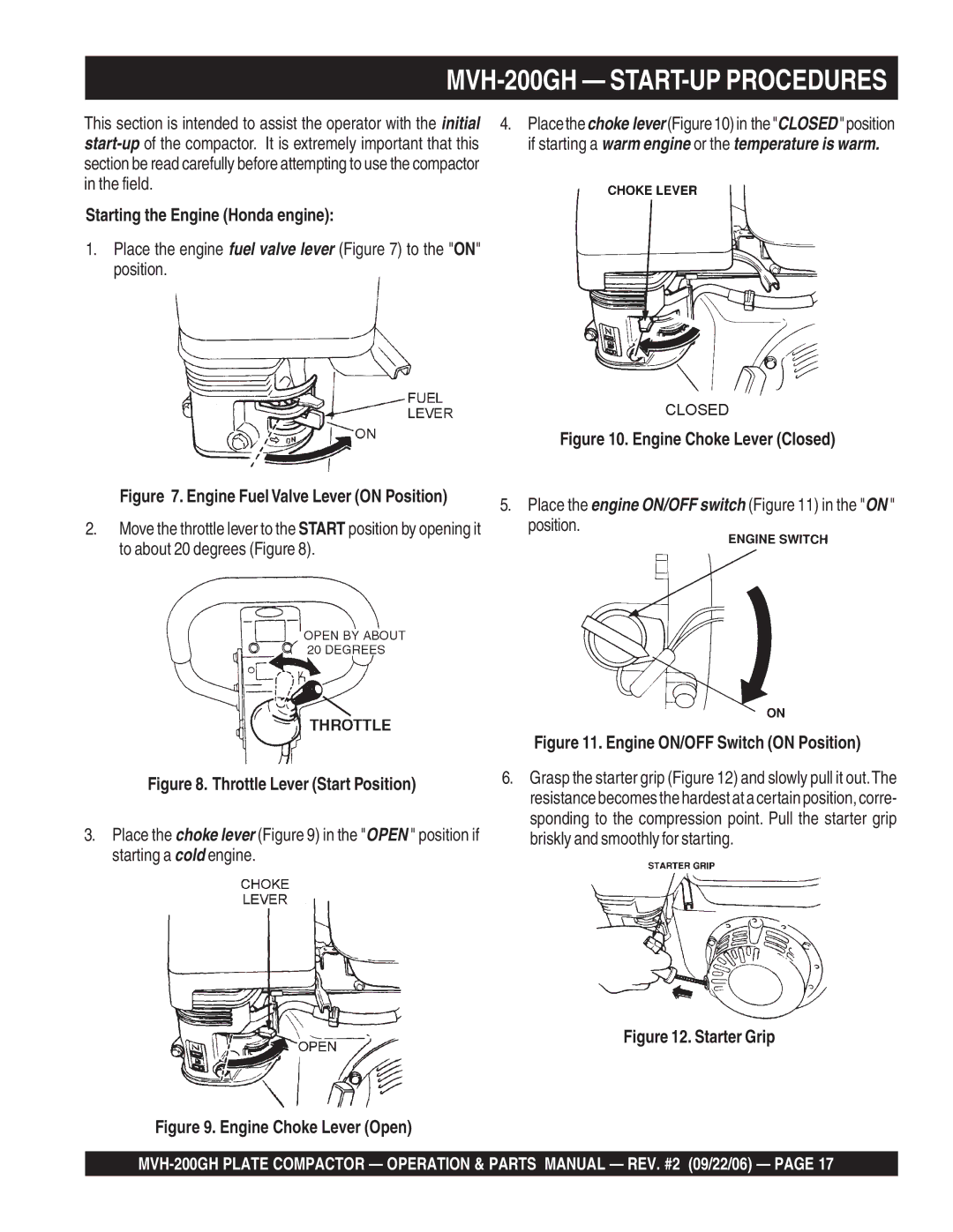 Multiquip manual MVH-200GH START-UP Procedures, Starting the Engine Honda engine 