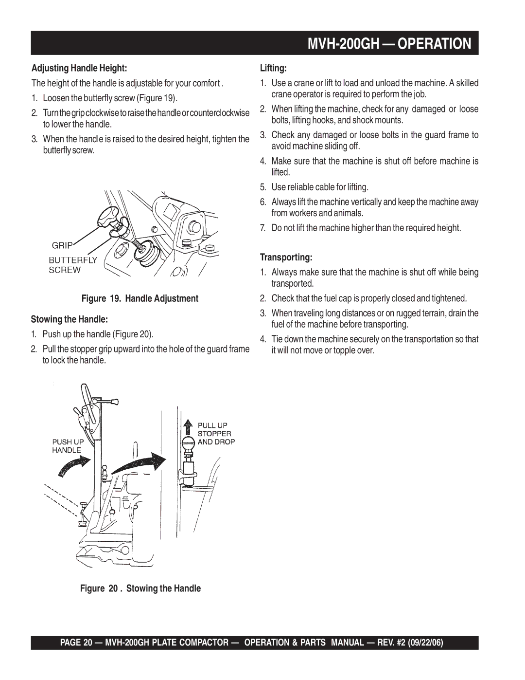 Multiquip manual MVH-200GH Operation, Adjusting Handle Height, Lifting, Transporting 