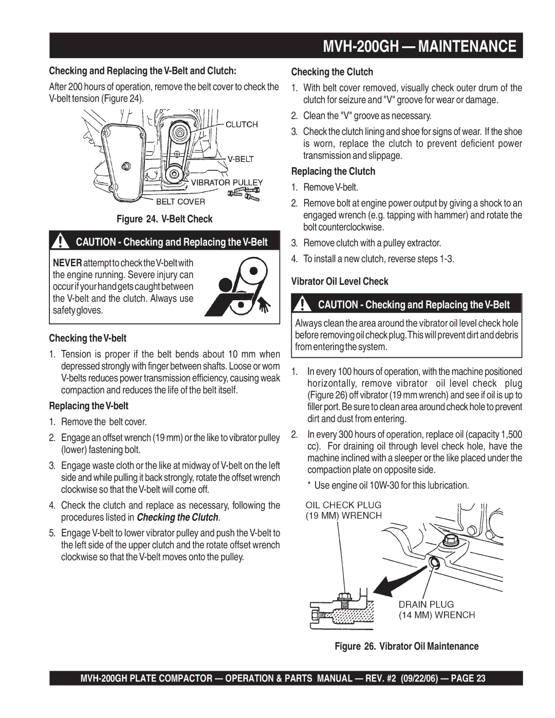 Multiquip MVH-200GH manual Checking and Replacing the V-Belt and Clutch, Checking the V-belt, Replacing theV-belt 