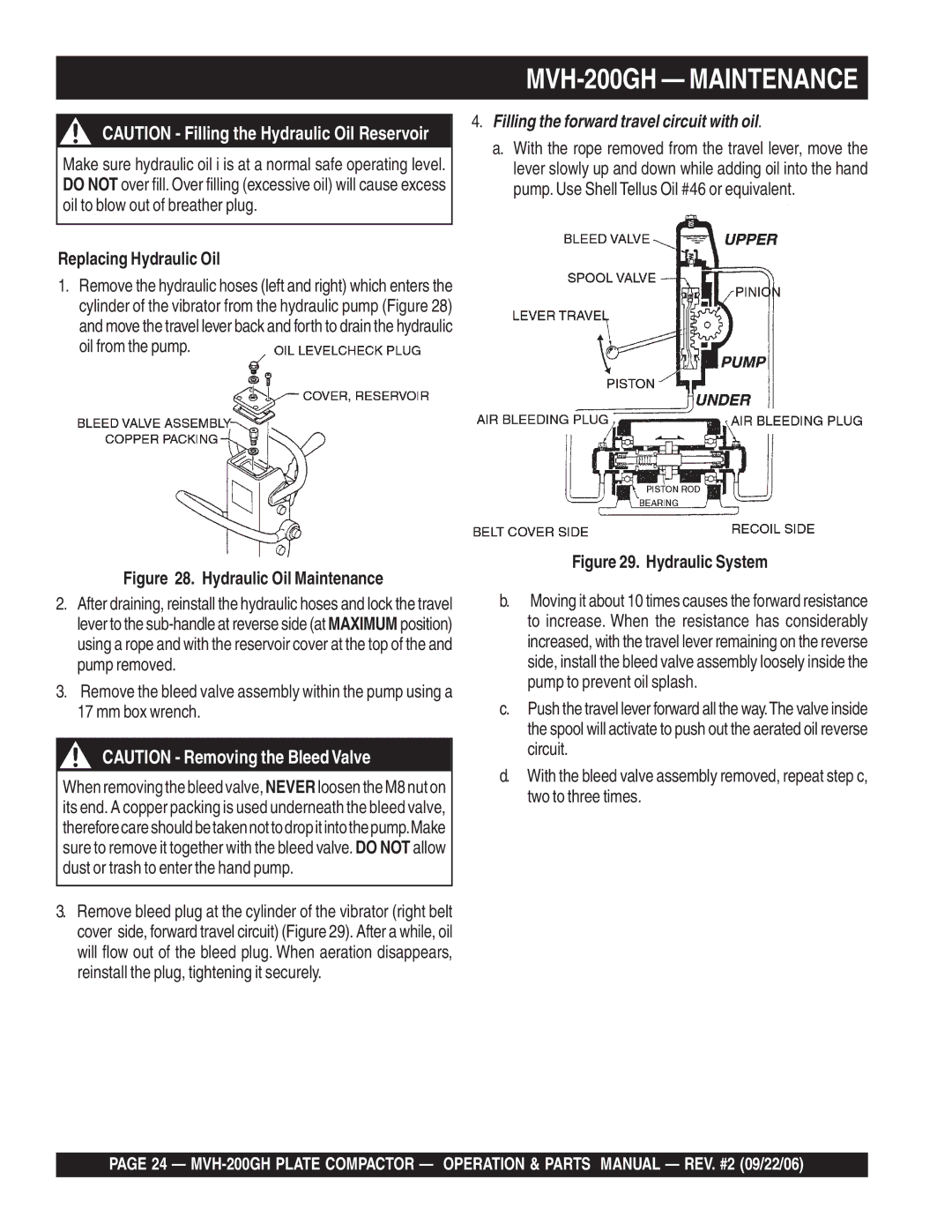 Multiquip MVH-200GH manual Replacing Hydraulic Oil, Hydraulic Oil Maintenance 