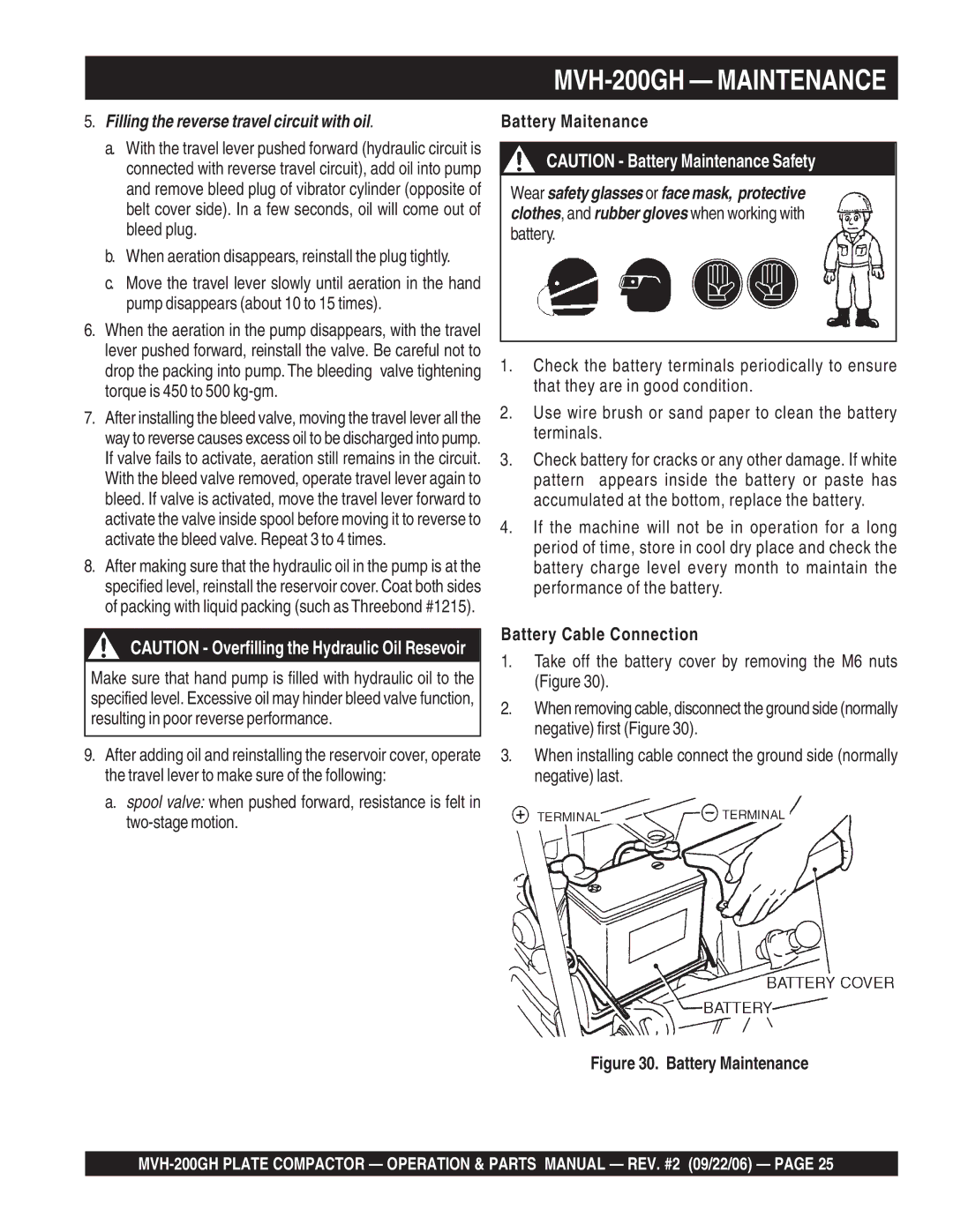 Multiquip MVH-200GH manual Battery Maitenance, Battery Cable Connection 