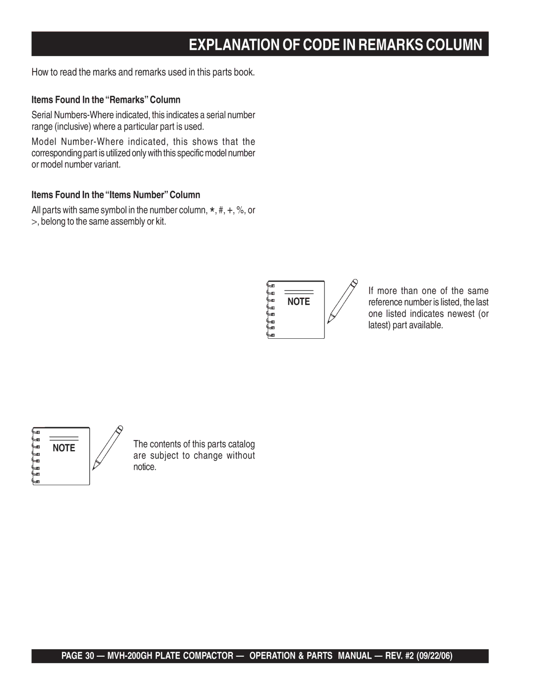 Multiquip MVH-200GH manual Items Found In the Remarks Column, Items Found In the Items Number Column 