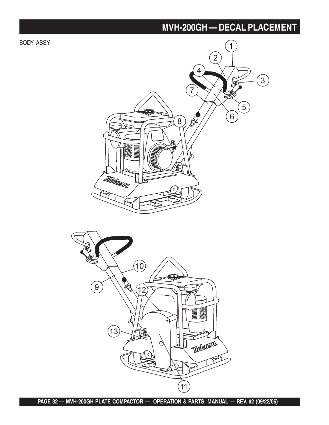 Multiquip manual MVH-200GH Decal Placement, Body Assy 