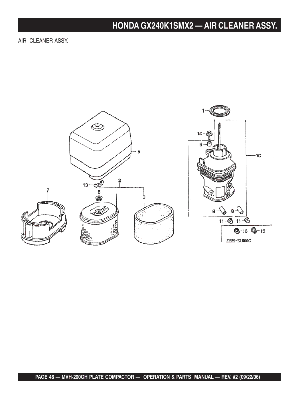 Multiquip MVH-200GH manual Honda GX240K1SMX2 AIR Cleaner Assy 