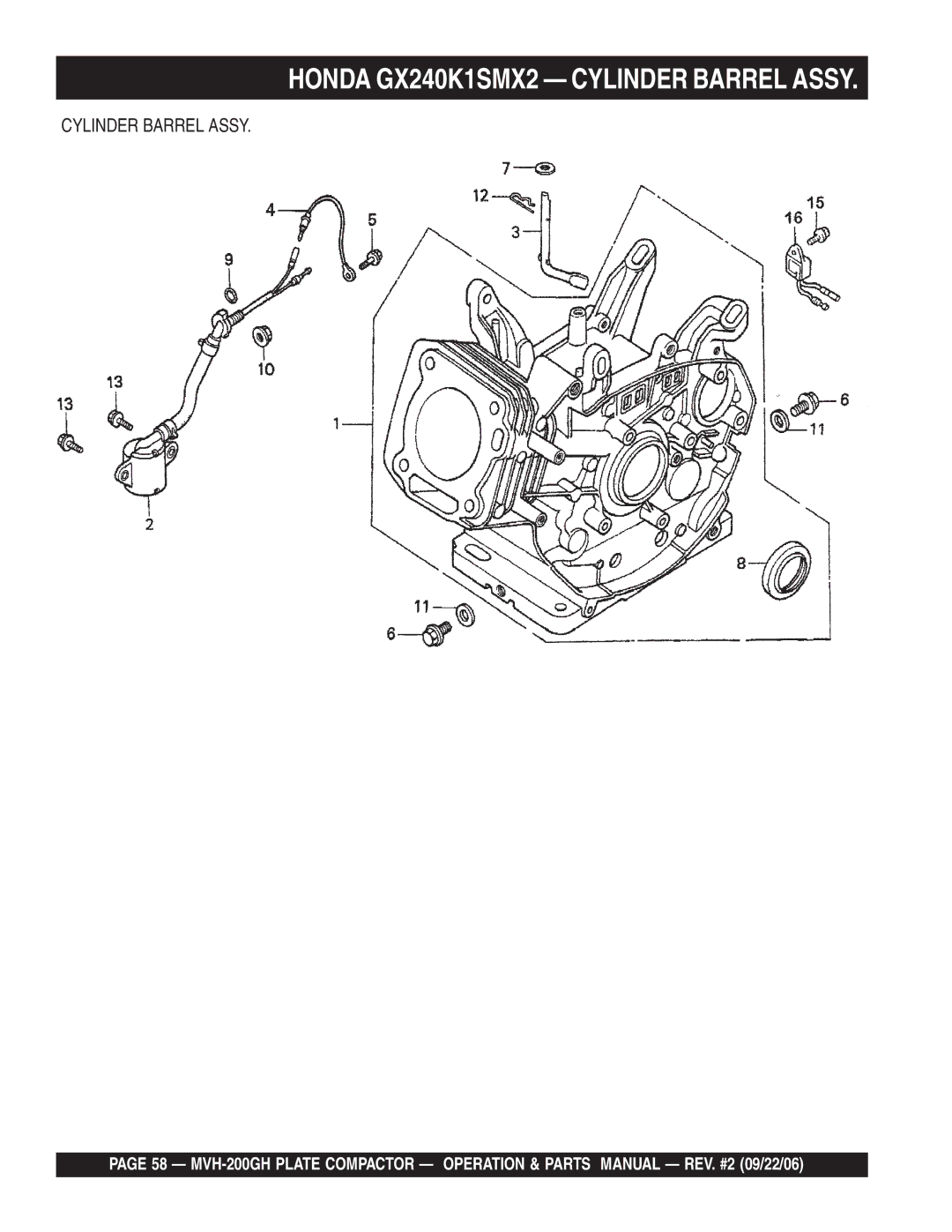 Multiquip MVH-200GH manual Honda GX240K1SMX2 Cylinder Barrel Assy 