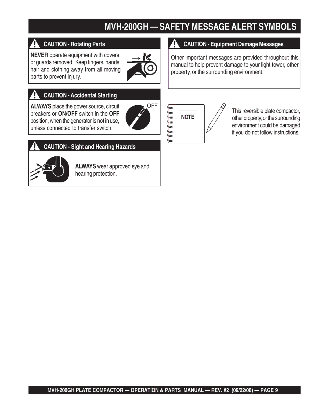 Multiquip manual MVH-200GH Safety Message Alert Symbols 