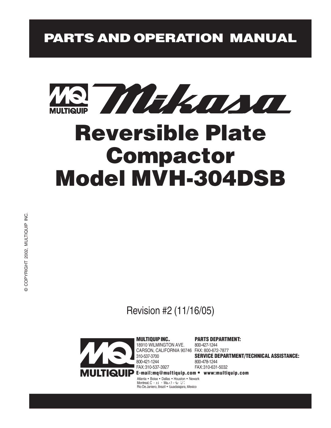 Multiquip operation manual Reversible Plate Compactor Model MVH-304DSB 