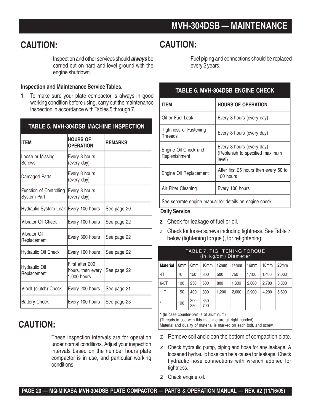 Multiquip operation manual MVH-304DSB Maintenance, Inspection and Maintenance Service Tables, Daily Service 