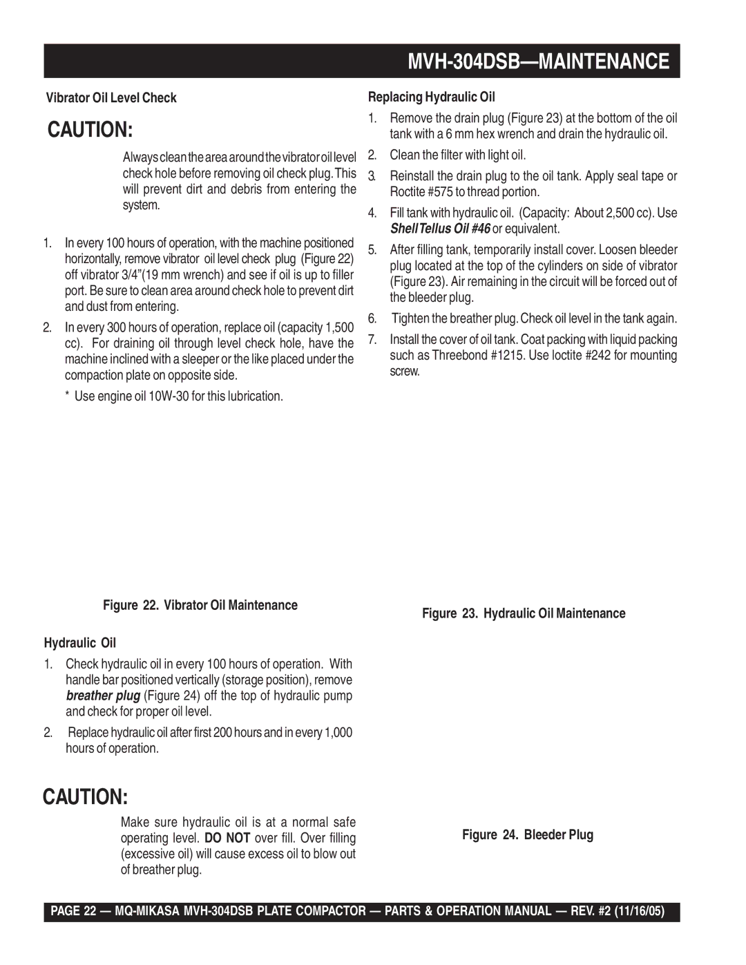 Multiquip operation manual MVH-304DSB-MAINTENANCE, Vibrator Oil Level Check, Replacing Hydraulic Oil 