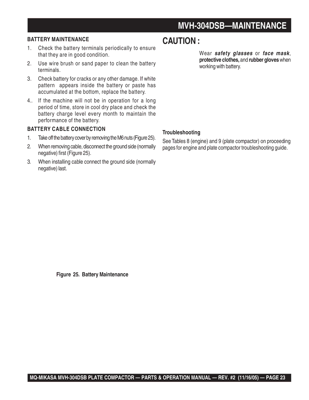 Multiquip MVH-304DSB operation manual Battery Maintenance, Troubleshooting 