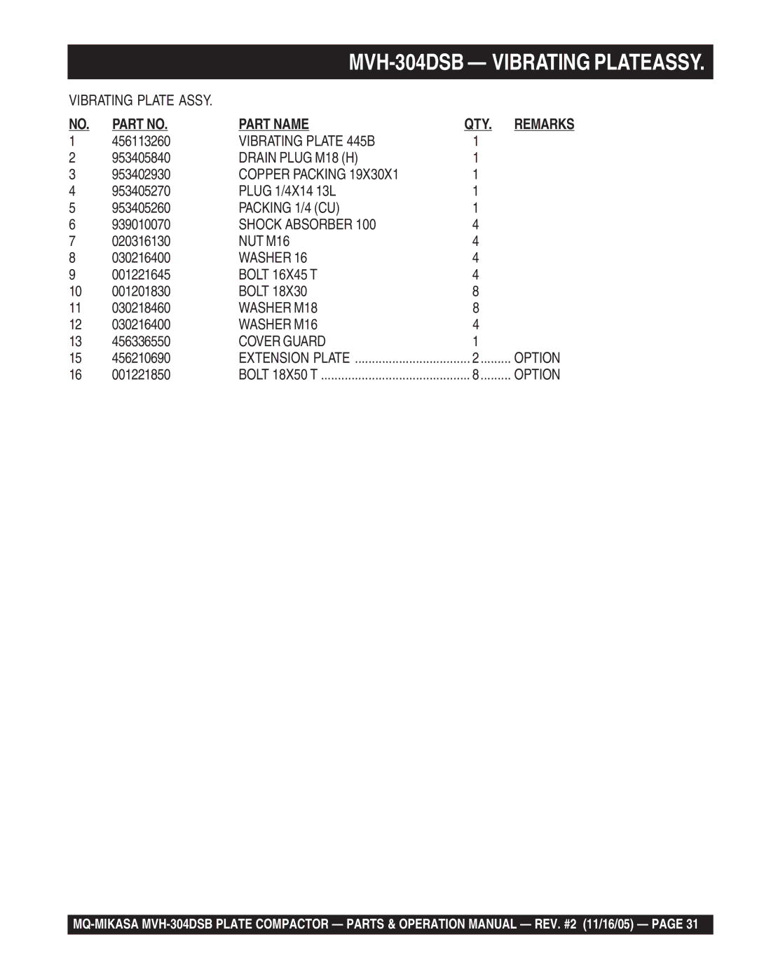 Multiquip operation manual MVH-304DSB Vibrating Plateassy 