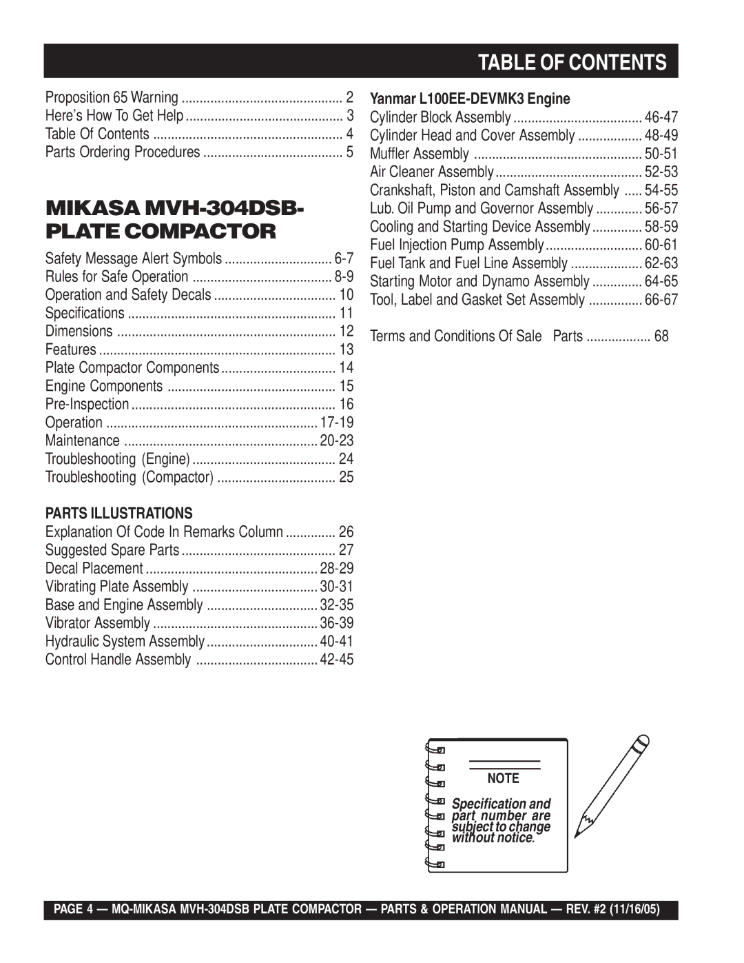 Multiquip MVH-304DSB operation manual Table of Contents 