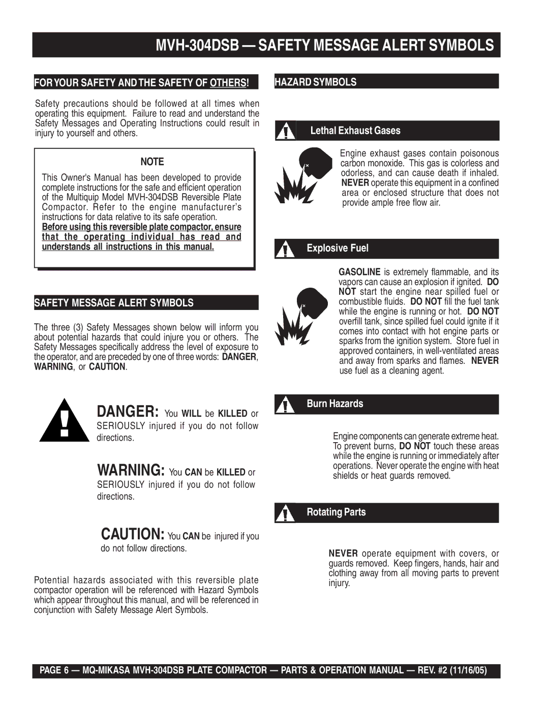 Multiquip operation manual MVH-304DSB Safety Message Alert Symbols 