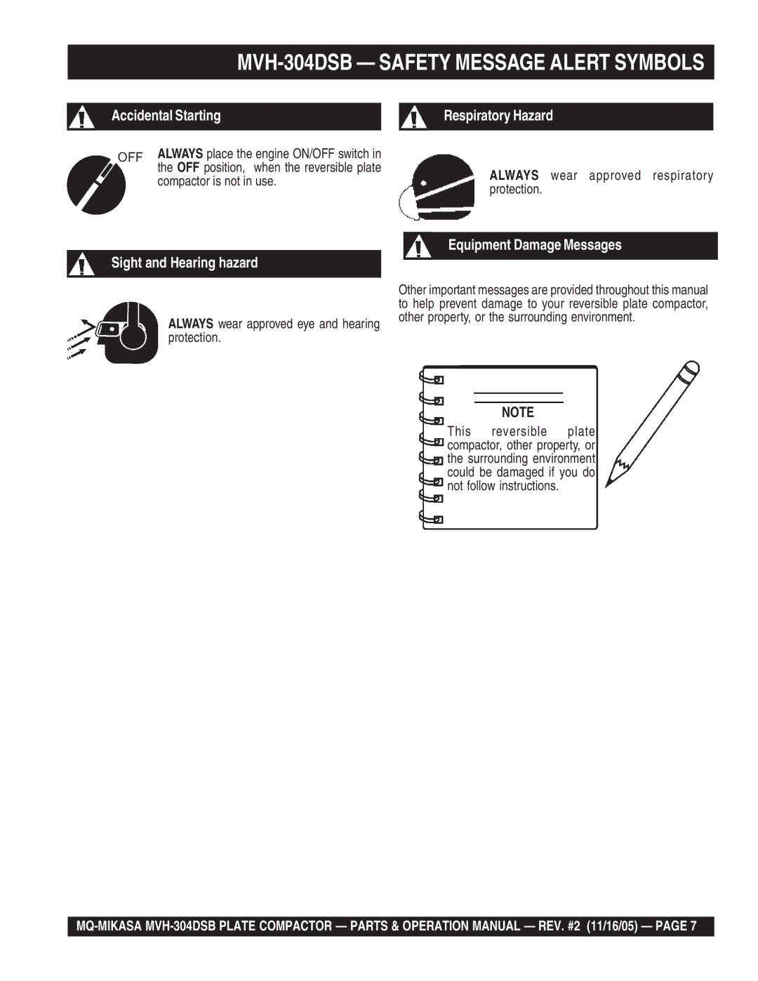 Multiquip operation manual MVH-304DSB Safety Message Alert Symbols 