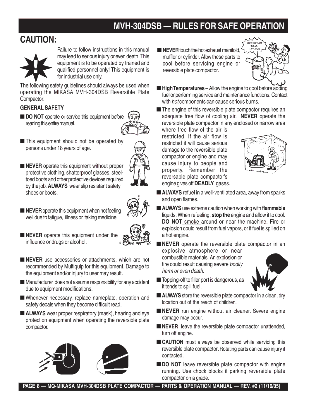 Multiquip operation manual MVH-304DSB Rules for Safe Operation, General Safety 