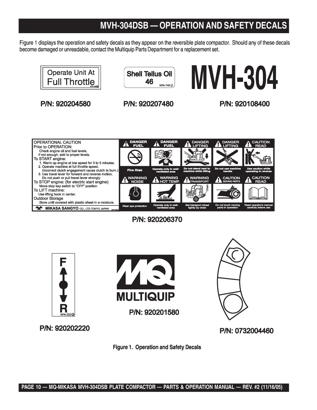 Multiquip operation manual MVH-304DSB - OPERATION AND SAFETY DECALS, Operation and Safety Decals 