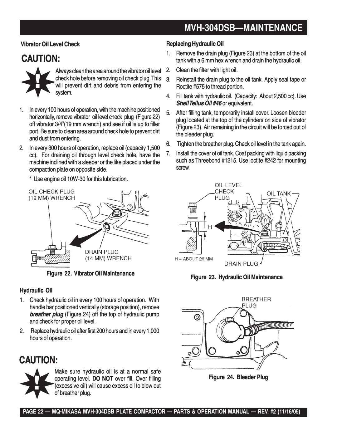 Multiquip operation manual MVH-304DSB-MAINTENANCE, Vibrator Oil Level Check, Vibrator Oil Maintenance Hydraulic Oil 