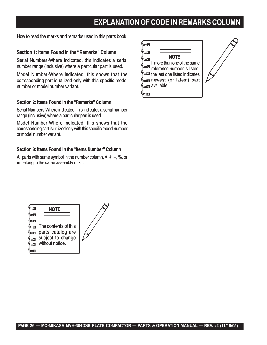 Multiquip MVH-304DSB operation manual Explanation Of Code In Remarks Column, Items Found In the “Remarks” Column 