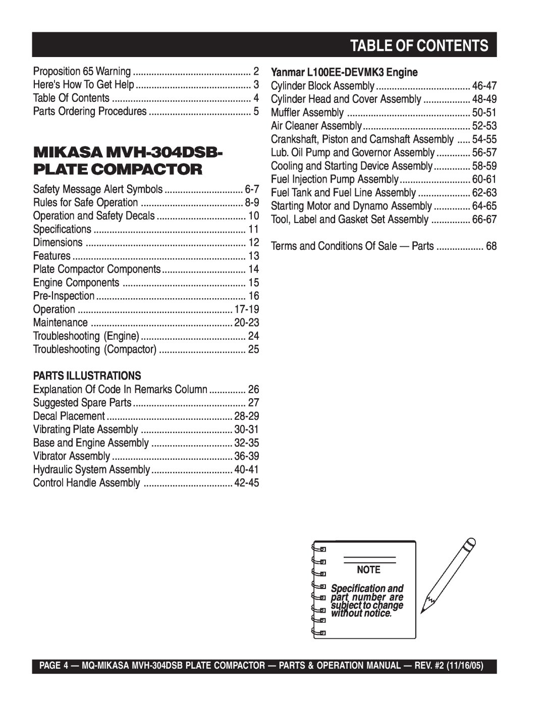 Multiquip Table Of Contents, MIKASA MVH-304DSB, Plate Compactor, Parts Illustrations, Yanmar L100EE-DEVMK3 Engine 