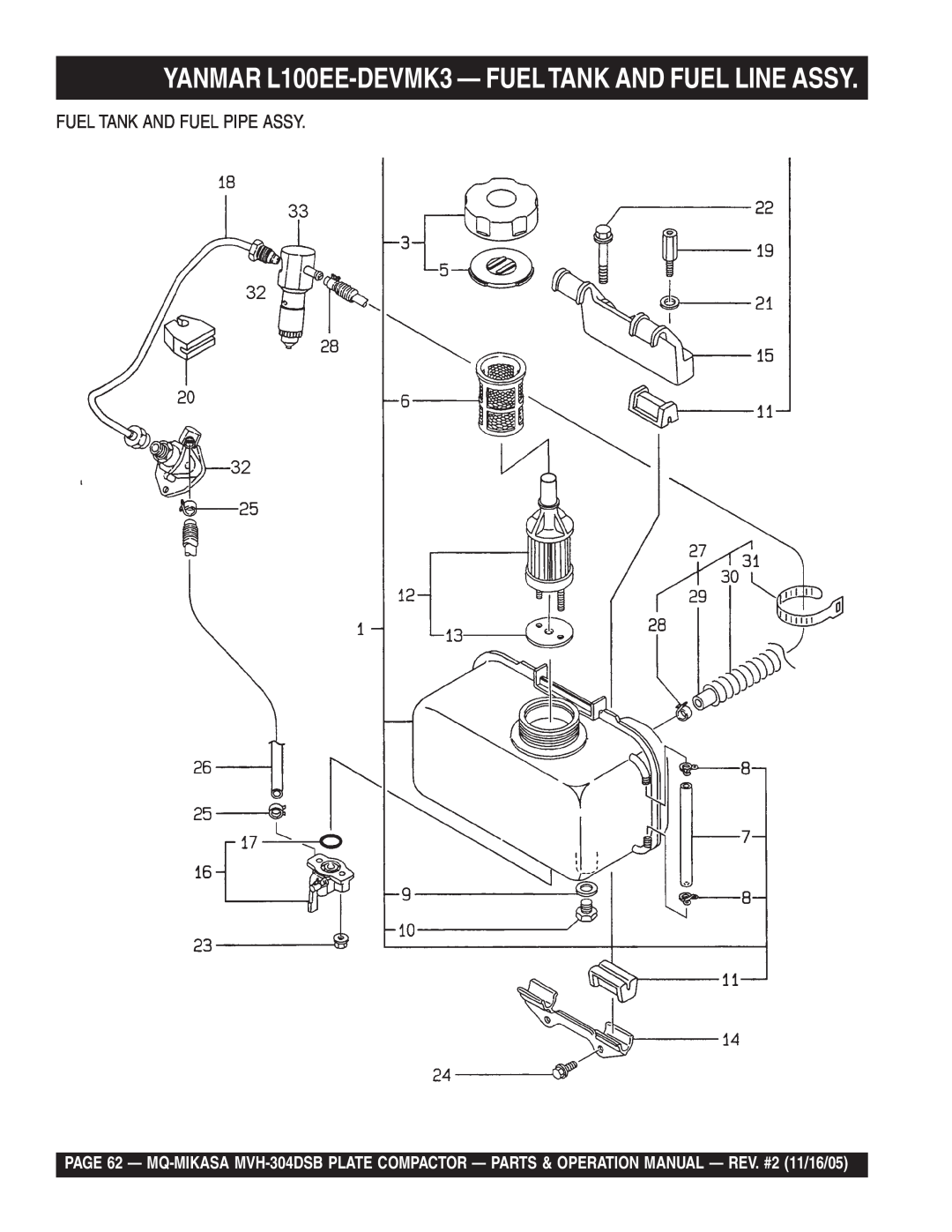 Multiquip MVH-304DSB operation manual YANMAR L100EE-DEVMK3 - FUELTANK AND FUEL LINE ASSY, Fuel Tank And Fuel Pipe Assy 