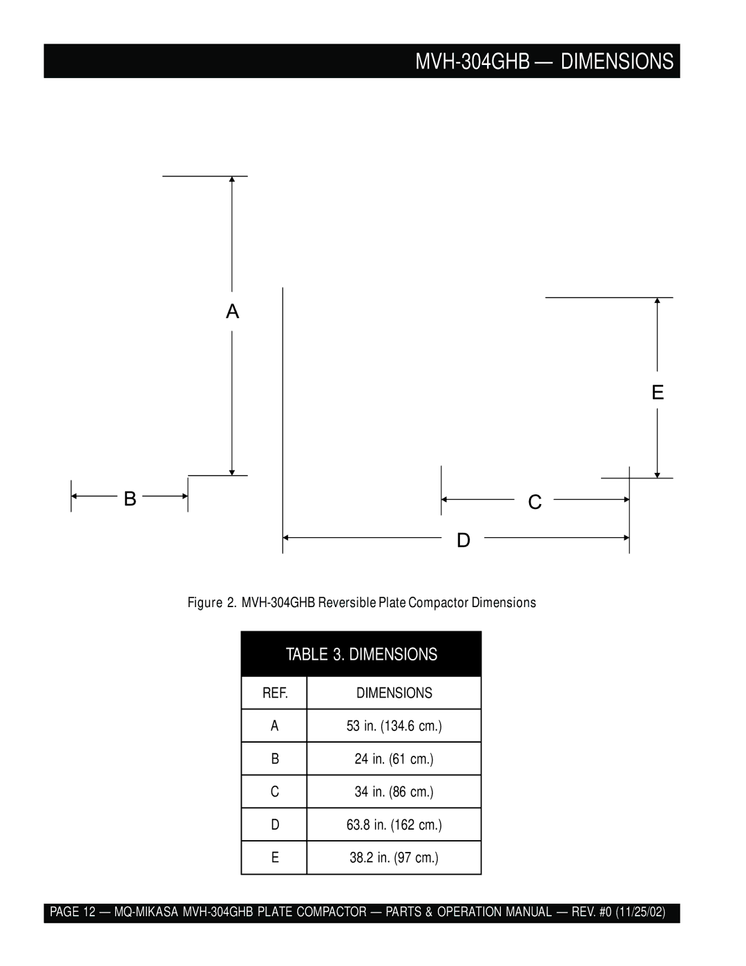 Multiquip operation manual MVH-304GHB Dimensions, MVH-304GHB Reversible Plate Compactor Dimensions 