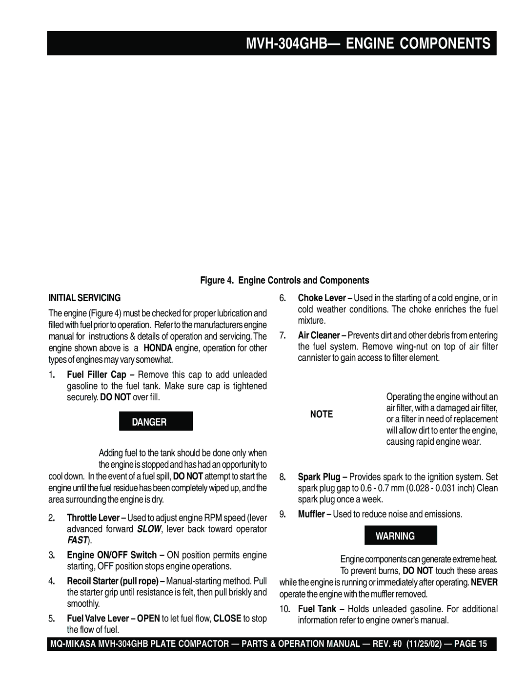 Multiquip MVH-304GHB operation manual Mixture, Starting, OFF position stops engine operations, Smoothly, Flow of fuel 