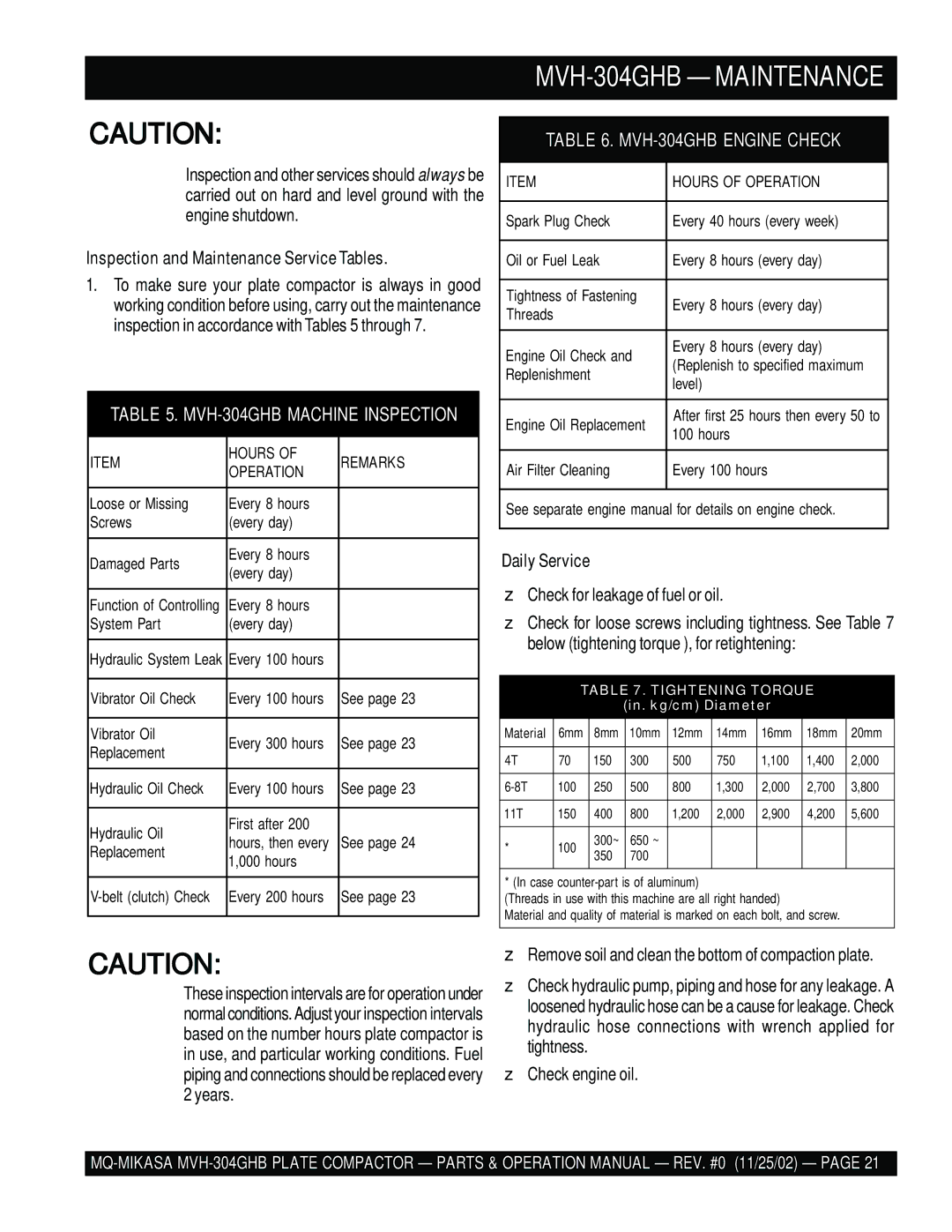 Multiquip MVH-304GHB Inspection and Maintenance Service Tables, Daily Service, Check for leakage of fuel or oil 