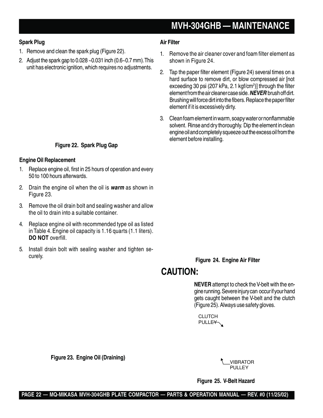 Multiquip operation manual MVH-304GHB Maintenance, Spark Plug, Remove and clean the spark plug Figure, Air Filter 