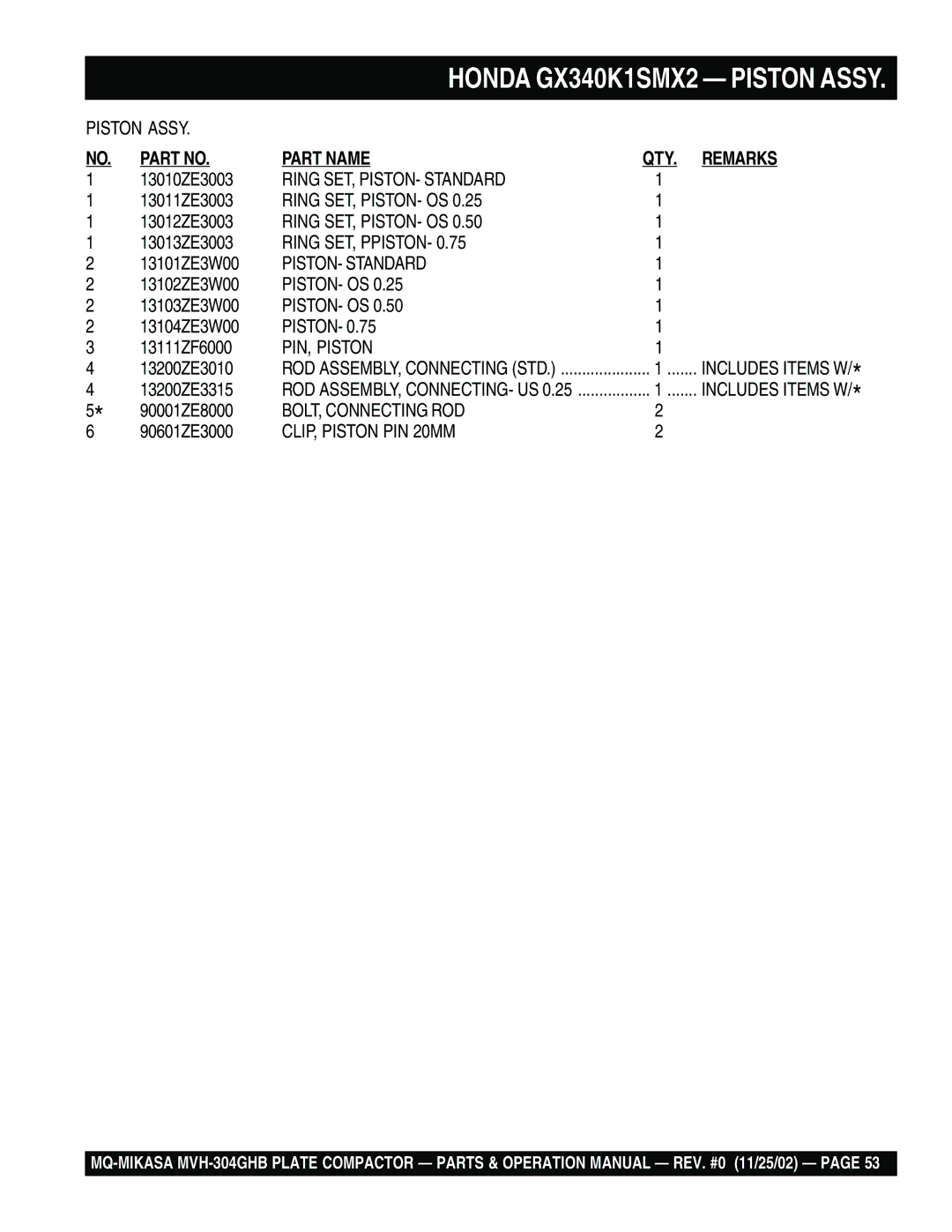 Multiquip MVH-304GHB Ring SET, PISTON- Standard, Ring SET, PISTON- OS, Ring SET, Ppiston, Piston- Os, PIN, Piston 