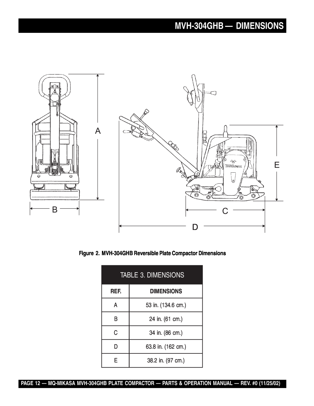 Multiquip operation manual MVH-304GHB- DIMENSIONS, Dimensions 
